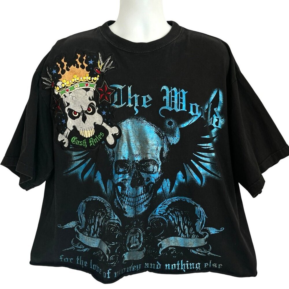 Vtg Y2K Goth Grunge Skulls Graphic T-Shirt 3XL Cropped Cash Rules Streetwear